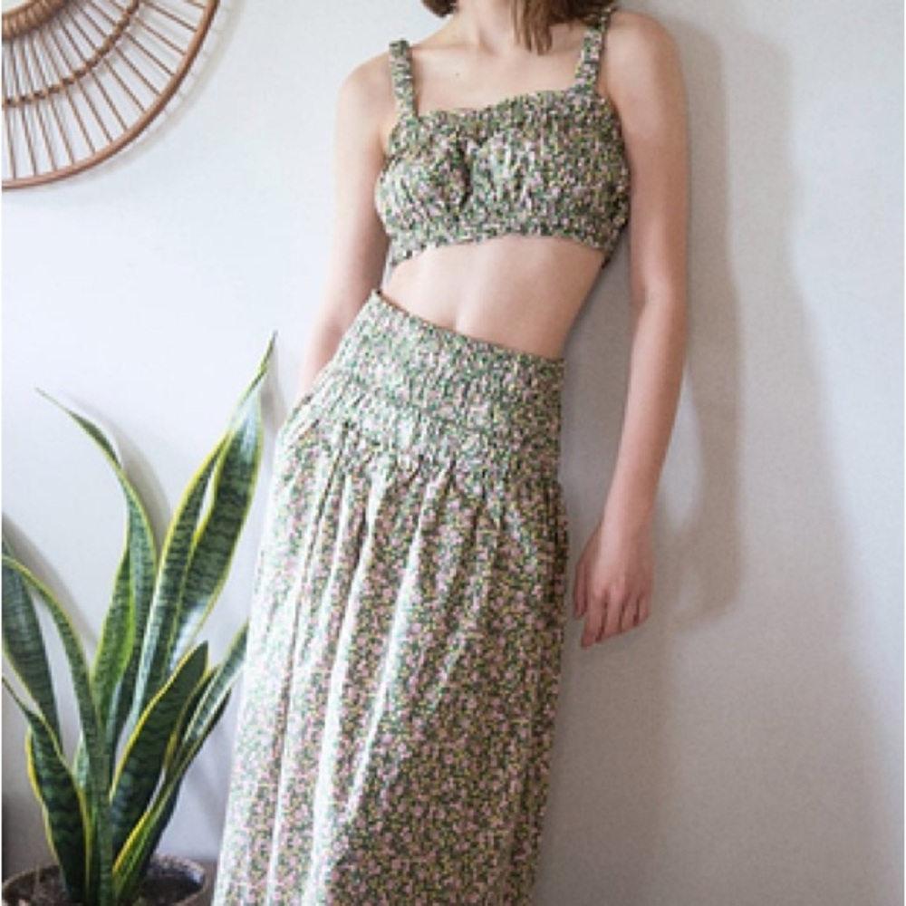Zara Green Floral Smocked Crop Top Midi Skirt Set